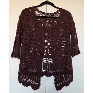 52 Weekends Crochet Sweater Sz Large Yarn covered Buttons 3/4 Sleeves ~EUC ~